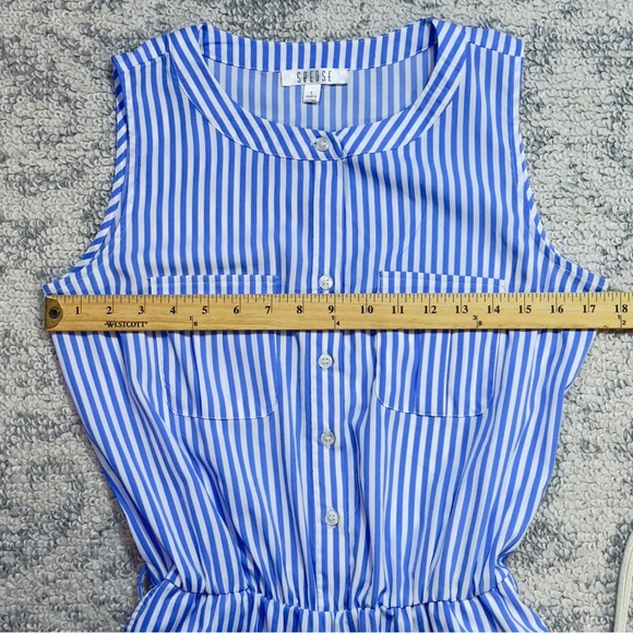 Spense Blue and White Striped Sleeveless Jumpsuit with Belt - Picture 4 of 13
